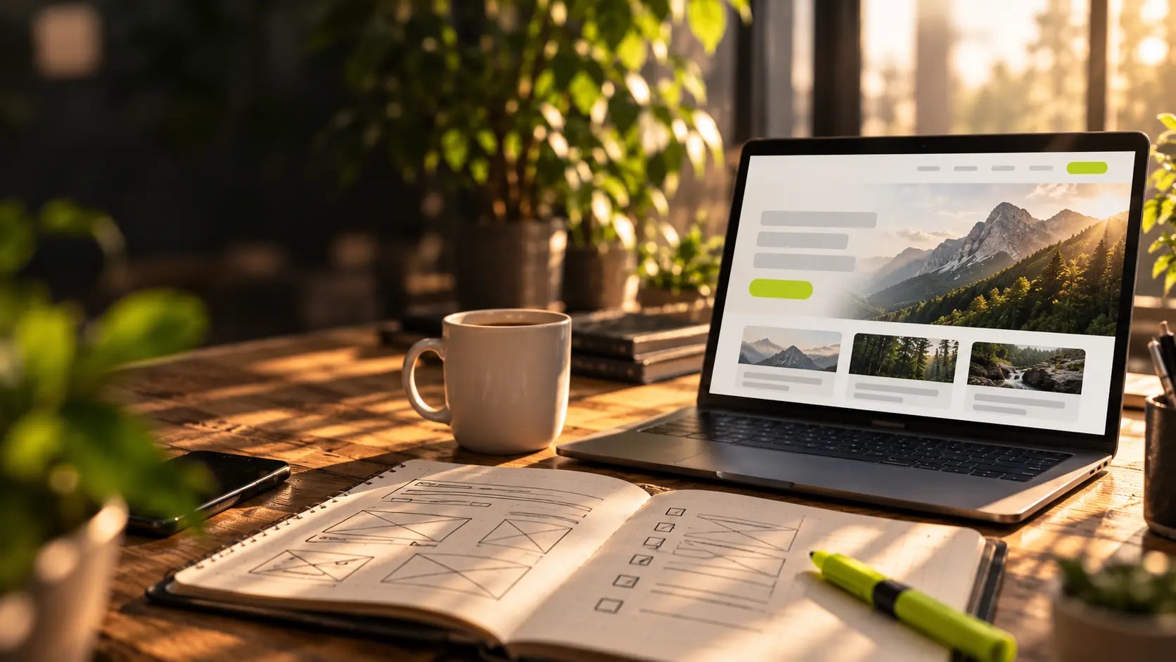KI-generiertes Bild: Ein Laptop zeigt eine erfundene Startseite mit Berglandschaft, grauen Textbalken und grünem Button; davor liegt ein Notizbuch mit Wireframe-Skizzen und Checkliste, daneben eine Kaffeetasse