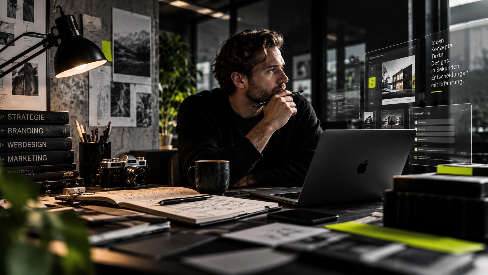 KI-generiertes Bild: Ein Mann sitzt nachdenklich an einem Schreibtisch in einem dunklen Kreativstudio, vor ihm Notizbuch, Kamera und Laptop, daneben schweben digitale Entwurfs- und Konzeptansichten