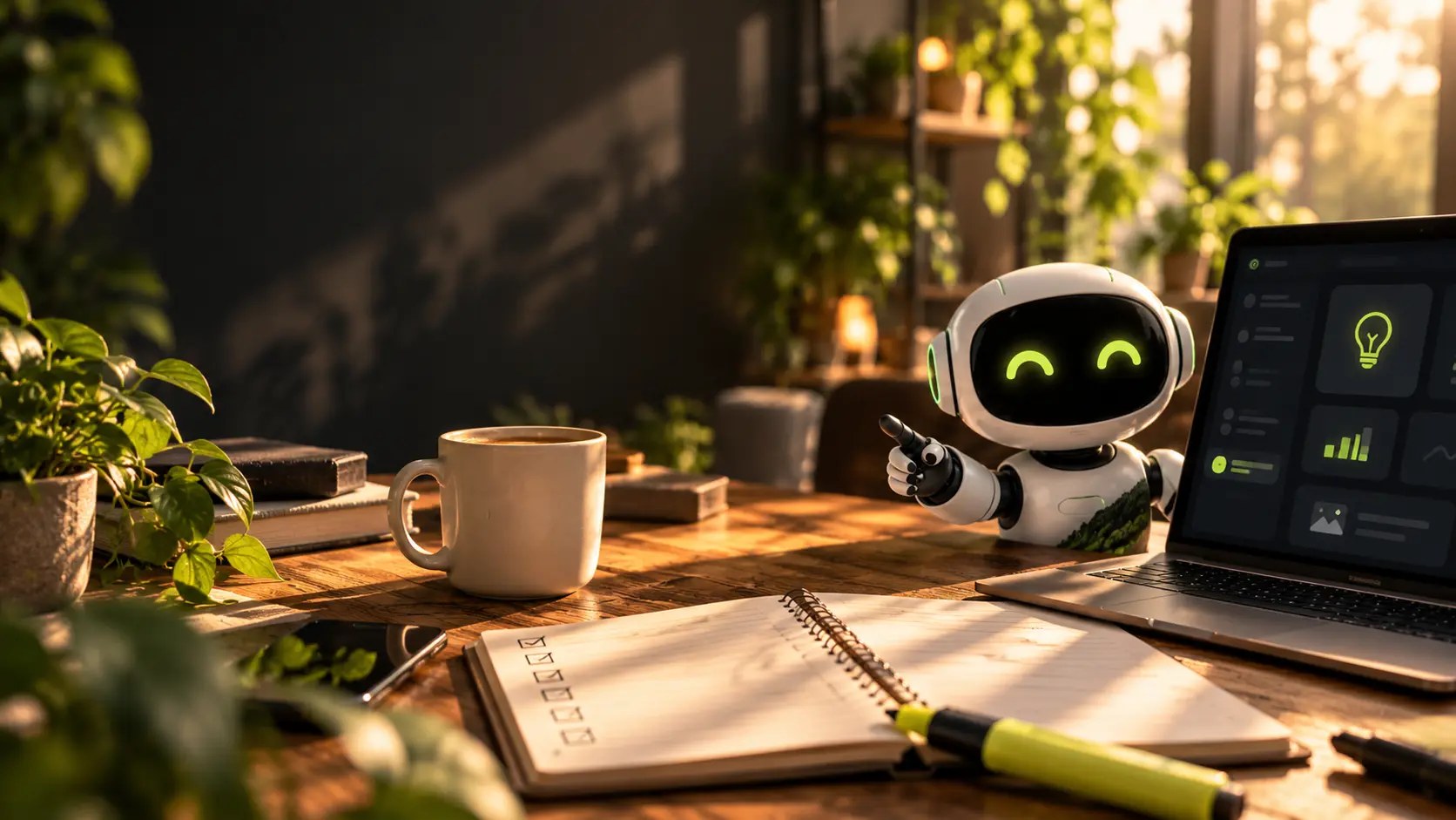 KI-generiertes Bild: Ein lächelnder weißer Roboter sitzt auf einem Holzschreibtisch neben einem Laptop und zeigt auf ein aufgeschlagenes Notizbuch mit Checkliste, daneben eine Kaffeetasse; auf dem Laptopbildschirm erscheinen abstrakte Symbole wie Glühbirne und Balkendiagramm