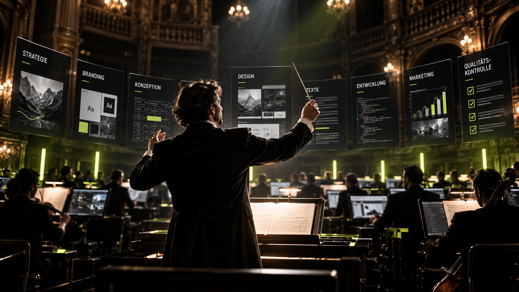 KI-generiertes Bild: Ein Dirigent in einem historischen Opernhaus hebt den Taktstock vor schwebenden Tafeln mit Stationen wie Strategie, Branding, Design, Texte und Qualitätskontrolle, im Vordergrund ein Orchester mit Laptops