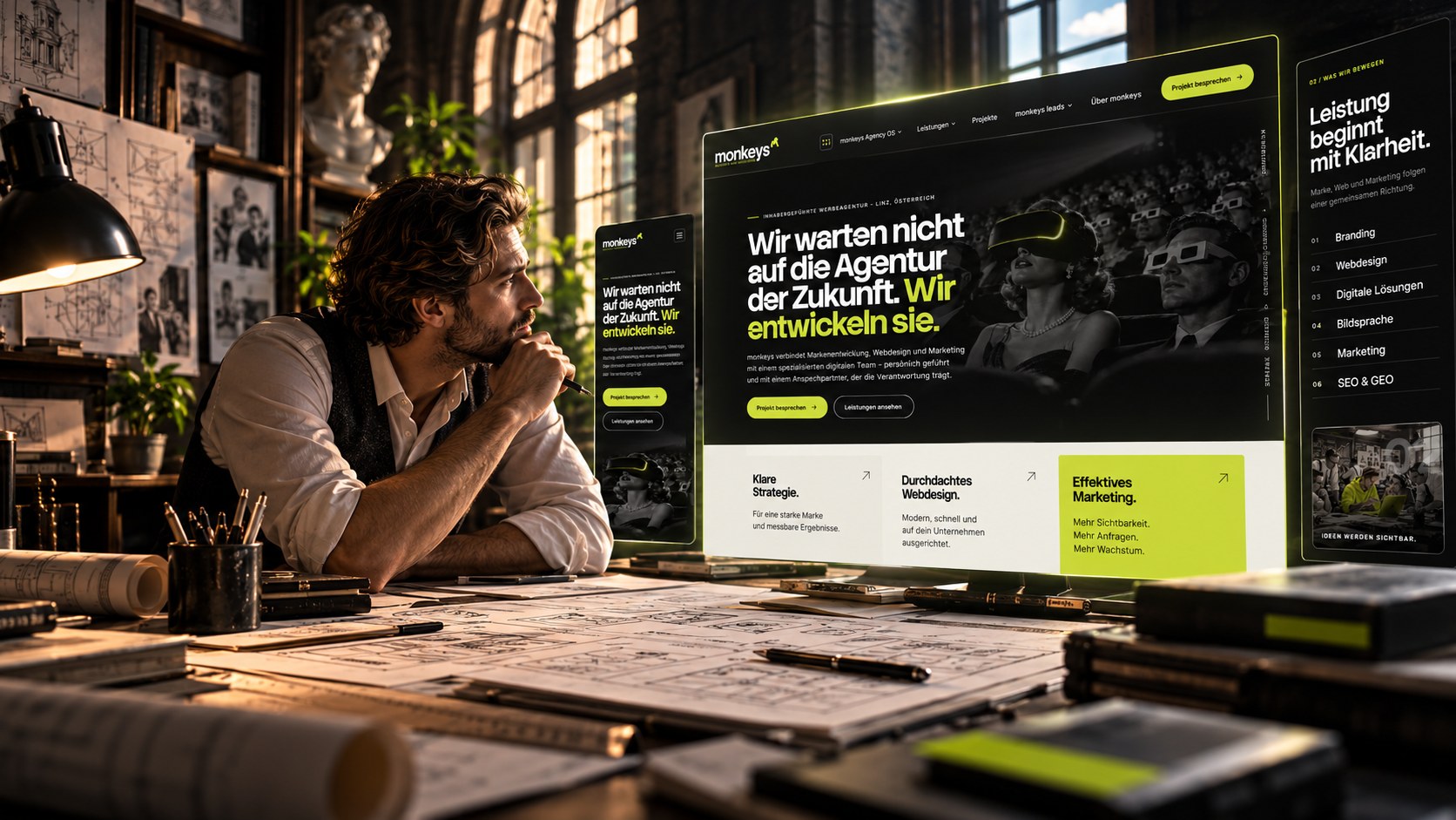 KI-generiertes Bild: Ein Architekt sitzt nachdenklich in einem Atelier vor Bauplänen, daneben schwebt eine KI-generierte Darstellung einer Website-Oberfläche auf einem Bildschirm, nicht die tatsächliche monkeys-Website