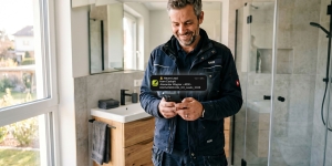 Handwerker im sanierten Badezimmer prüft   eine neue Kundenanfrage am Smartphone